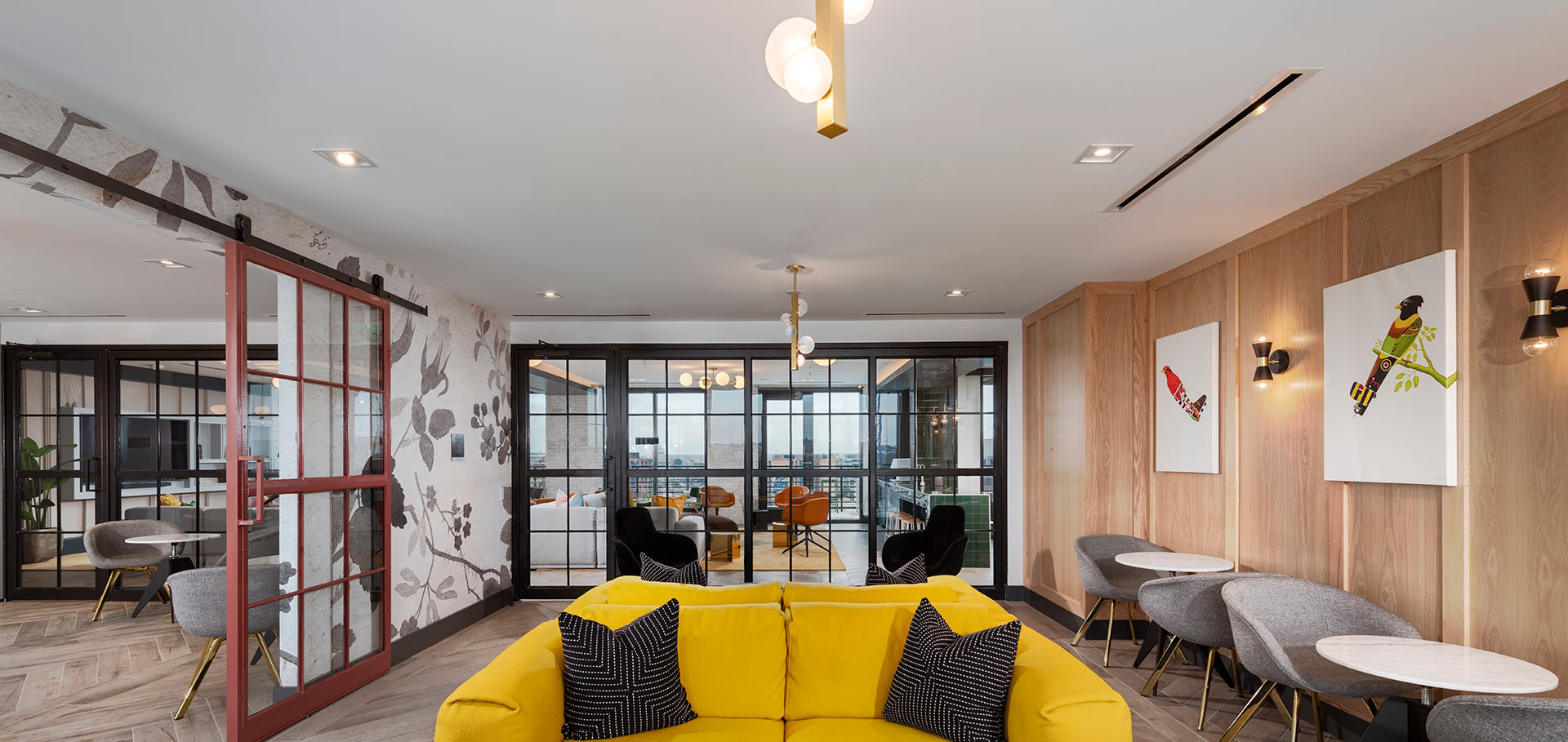 comfortable seating area with yellow sofa