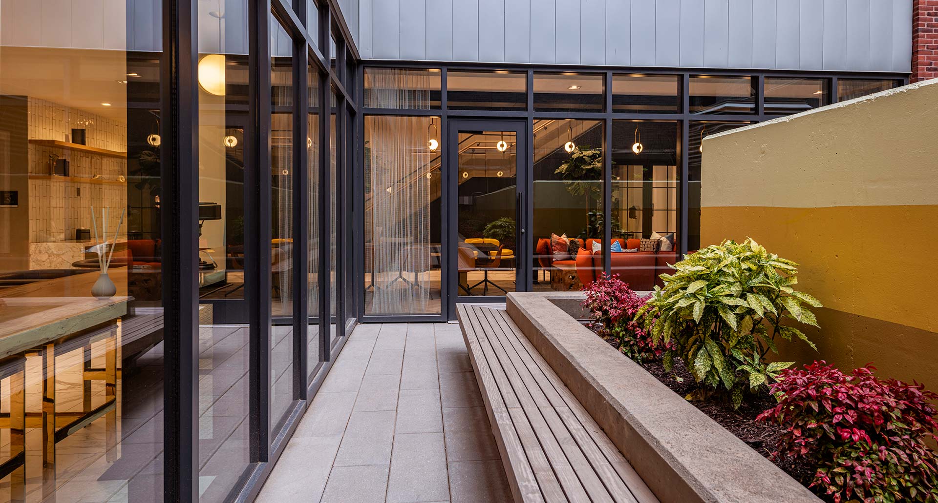 interior courtyard with bench seating and plants